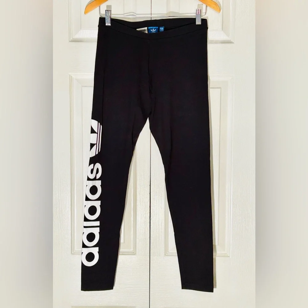 Women’s Black Adidas leggings with White Logo on Leg - Picture 1 of 3